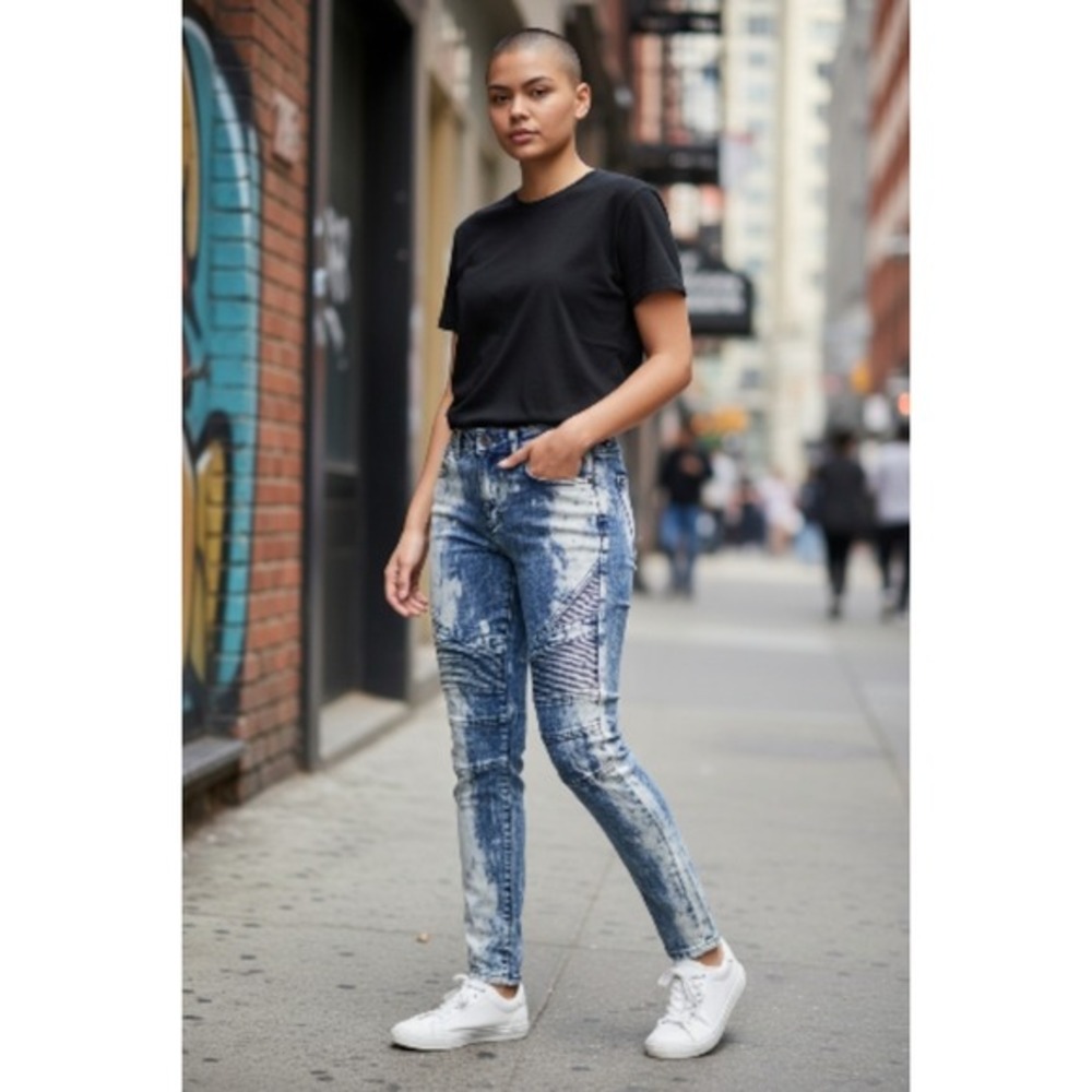 Demolition Destroyed Moto‎ Jeans Womens 14 Blue Low Rise Straight Splatter 28x28